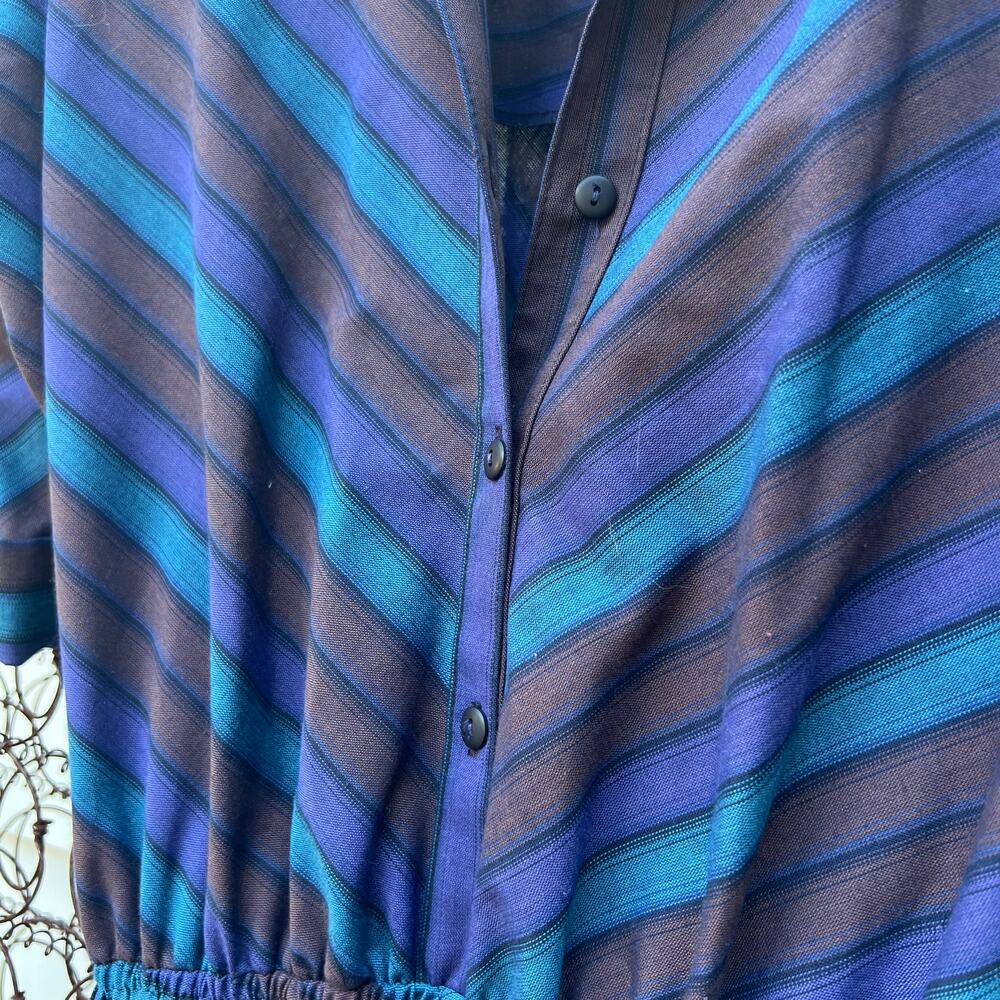 Vintage 80s American Shirt Dress striped V chevron blue gray - Picture 5 of 6
